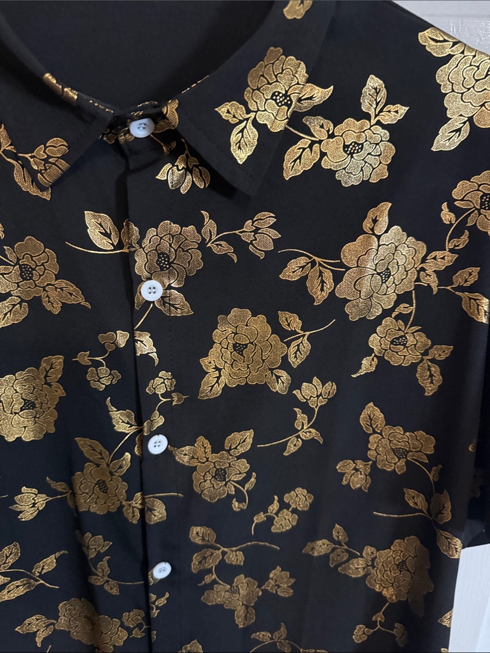 Men's Black Short-Sleeve Shirt with Gold Floral Print - Picture 3 of 6